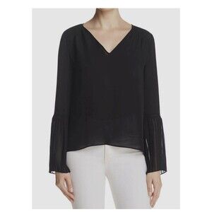 $345 Ramy Brook Black Silk Chiffon Sonia Blouse Size Small Boxy Shirt Bell Slv